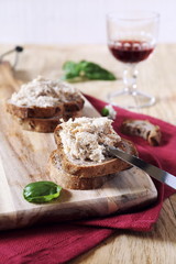 French rillettes, meat spread and wineglass