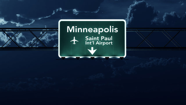 Minneapolis USA Airport Highway Sign At Night