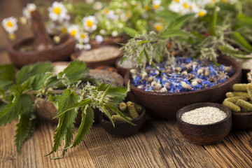 Natural remedy,Herbal medicine and wooden table background