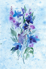 Fototapeta premium Watercolor violet-blue flowers on blurred background 