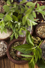Natural remedy, mortar and herbs