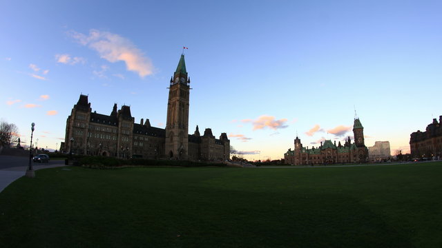 Parliament Hill Ottawa Time Lapse 4. Wide angle dusk time lapse shot of the Centre Block and East Block buildings on Parliament Hill in Ottawa Canada.