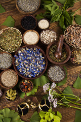 Herbs medicine and vintage wooden background