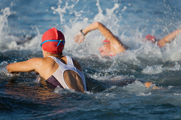 Group people in wetsuit swimming at triathlon - obrazy, fototapety, plakaty