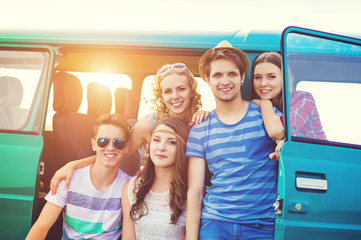 Young hipster friends on road trip