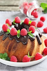 Vanilla-chocolate cake with fresh raspberries 