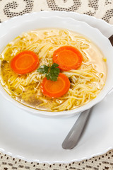 Broth - chicken soup with noodles.