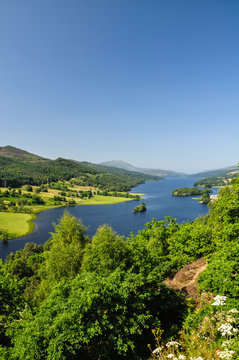 Beautiful summer view across Loch (Lake) Tummel seen from Queen's View, a famous viewpoint. Located near Pitlochry, Perthshire, Scotland, UK.