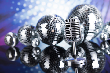 Microphone, vinyl record and Disco Balls 