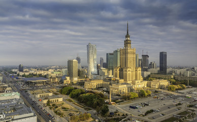 Naklejka na ściany i meble Warsaw downtown sunrise aerial view, Poland.