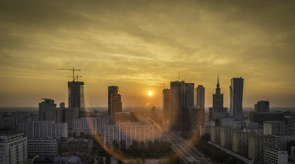 Fototapeta na wymiar Warsaw downtown sunrise aerial view, Poland