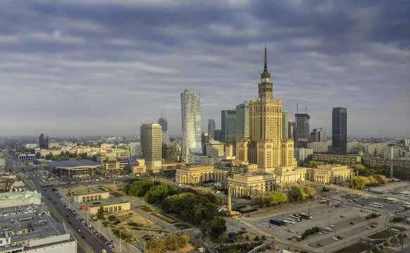Warsaw downtown sunrise aerial view, Poland.