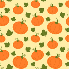 cartoon pumpkin with leaves seamless vector pattern background illustration