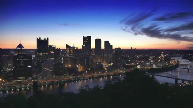 PITTSBURGH, PA - Circa, August, 2015 - A morning sunrise establishing shot of Pittsburgh as seen from Mt. Washington.