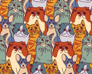Cats pets animal group color seamless pattern
