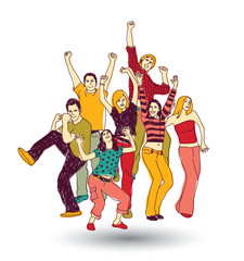 Group happy young people color isolate on white
