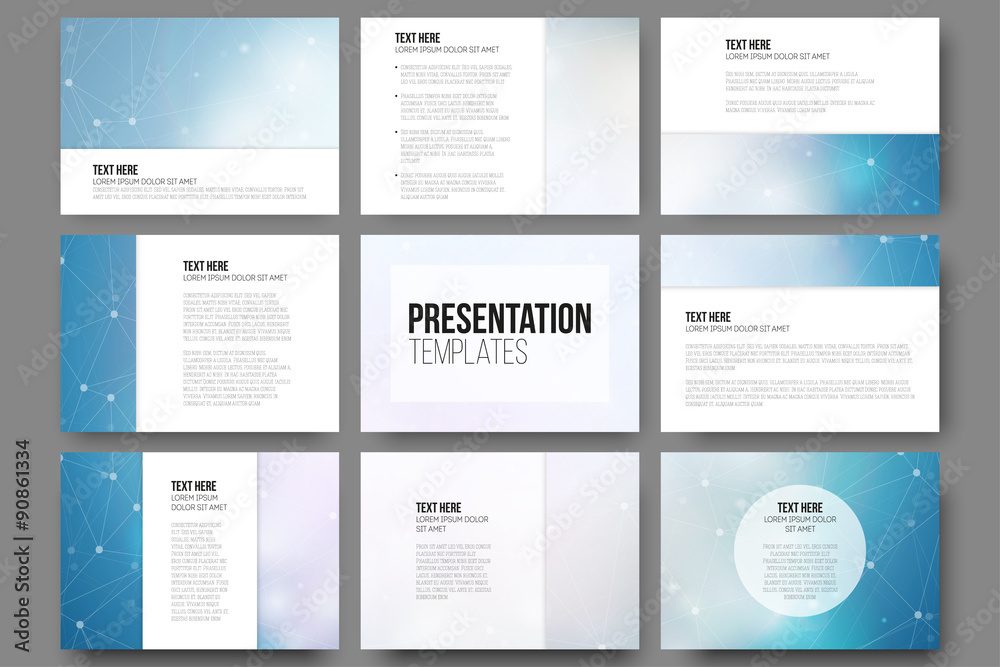 Poster set of 9 vector templates for presentation slides. molecule