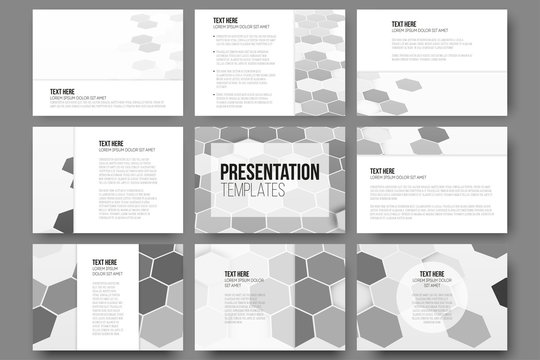 Set of 9 templates for presentation slides. Geometric gray