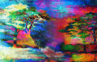 Painting sunset, sea and tree, wallpaper landscape color collage