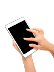 Female using tablet on white background.