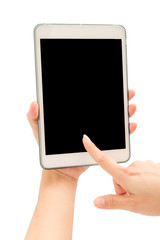 Woman hand using tablet PC on white background.