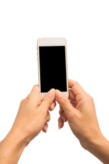 Hand holding smartphone on white background.