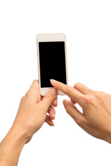 Hand using smartphone on white background.