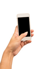 Hand using smartphone on white background.