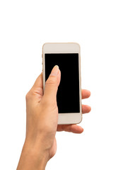 Hand using smartphone on white background.