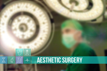 Aesthetic surgery text medical concept image with icons and doctors on background