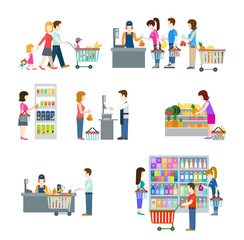 People in grocery shop flat icon set