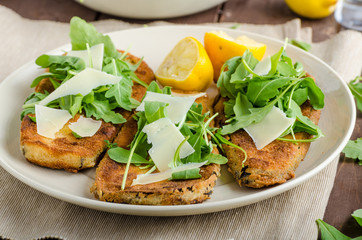 Fried breaded eggplant with salad