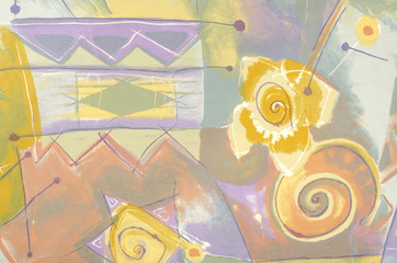 Snail spyral and abstract flower on colorful fabric. Abstract geometric shapes print as background.
