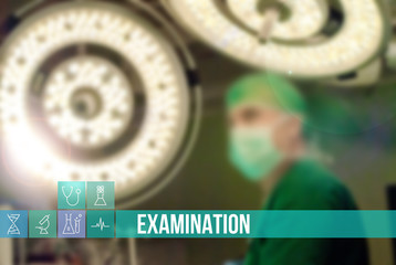 Examination medical concept image with icons and doctors on background