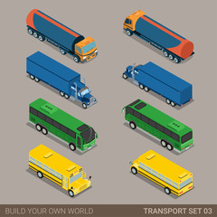 Flat 3d isometric long vehicle road transport icon set