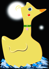 Simpático y bonachón pato nadando en la noche de luna llena 