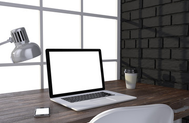 3D illustration laptopand work stuff on table near brick wall