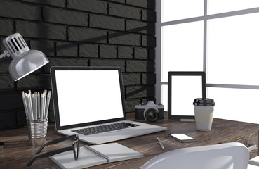 3D illustration laptopand work stuff on table near brick wall