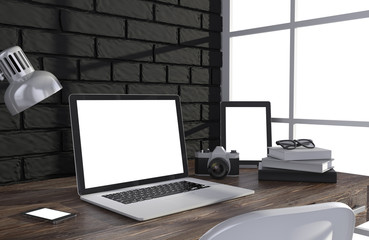 Fototapeta premium 3D illustration laptopand work stuff on table near brick wall