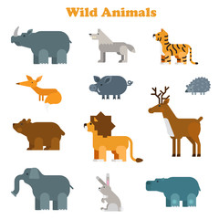Funny flat kid style happy wild animals icon set