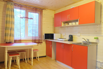 the interior of the kitchen in the hotel