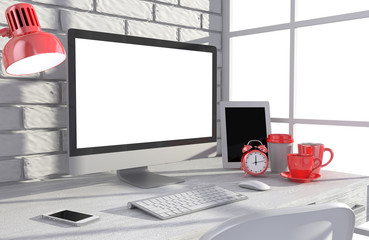 Fototapeta premium 3D illustration PC screen on table in office, Workspace
