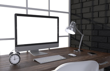 Fototapeta premium 3D illustration PC screen on table in office, Workspace