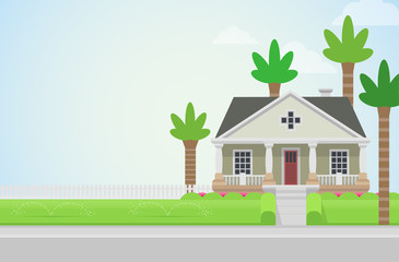 Flat style vector countryside house with lawn