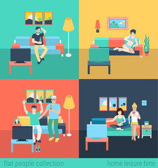 Friends and family watch TV - home furniture flat vector