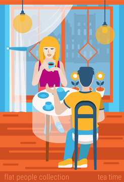 Couple at table dinner tea in flat vector people concept