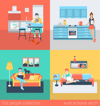 Flat vector people at home interior in kitchen, living room sofa
