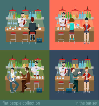Flat vector people drink alcohol in bar with barman