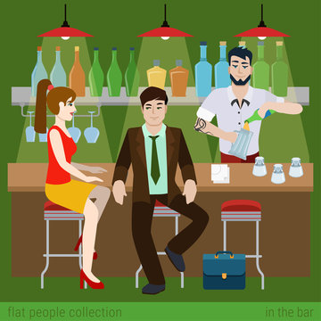 Flat vector couple in the bar counter and barman fill beer