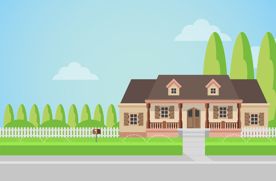Flat vector countryside family house building with lawn